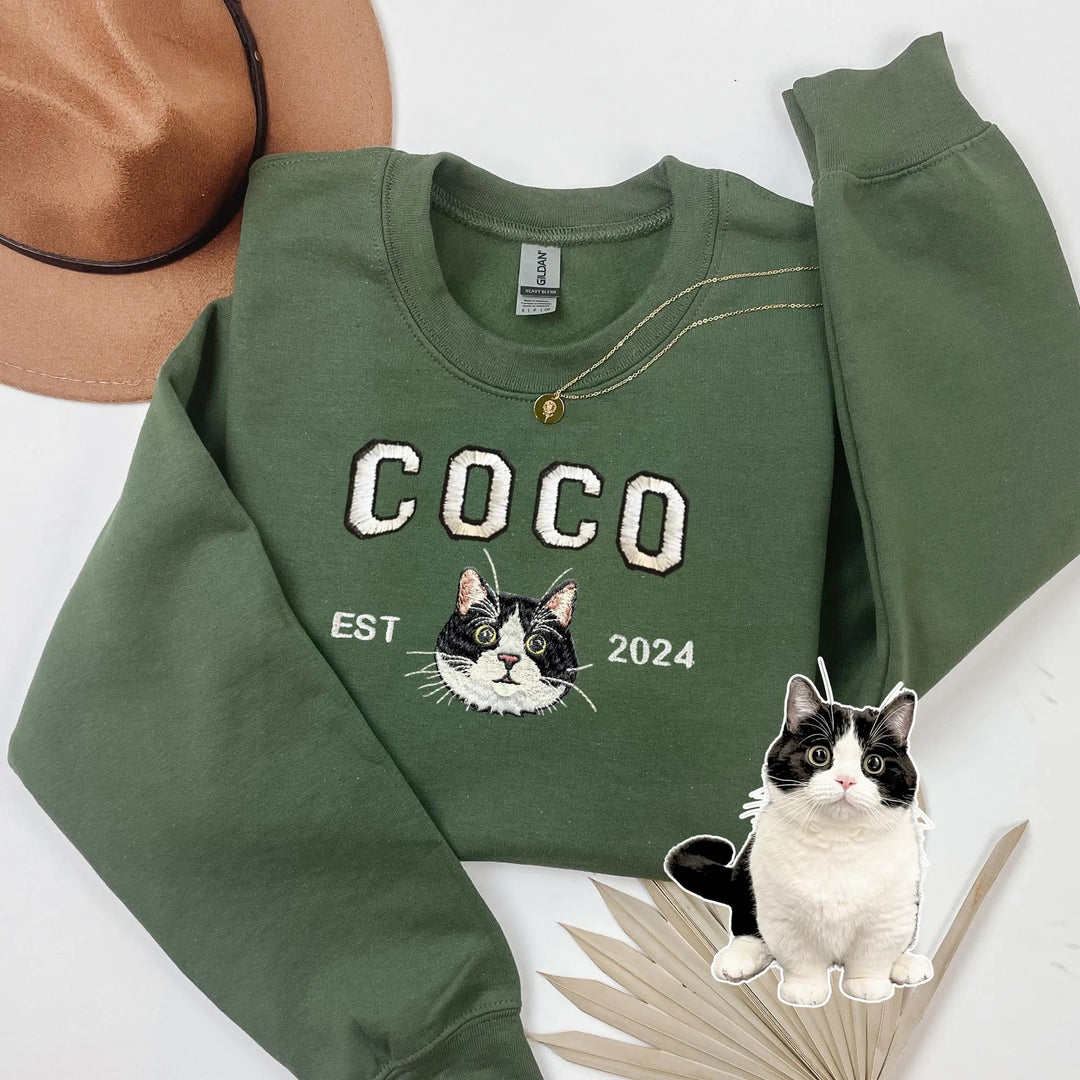 Sweat-shirt brodé avec visage de chat/chien, personnalisé avec nom basé sur votre photo