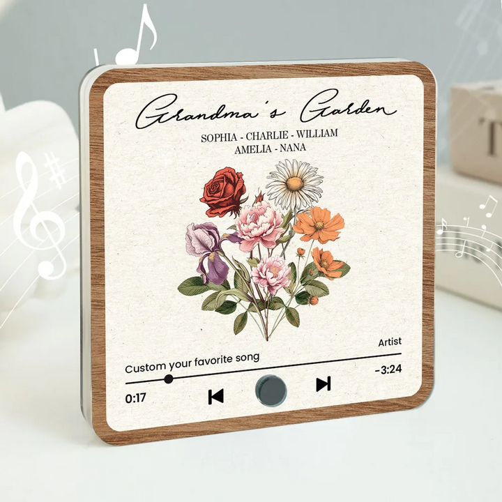 Bouquet de fleurs de naissance rétro du jardin de grand-mère, aimant de réfrigérateur musical personnalisé, cadeau pour grand-mère, maman