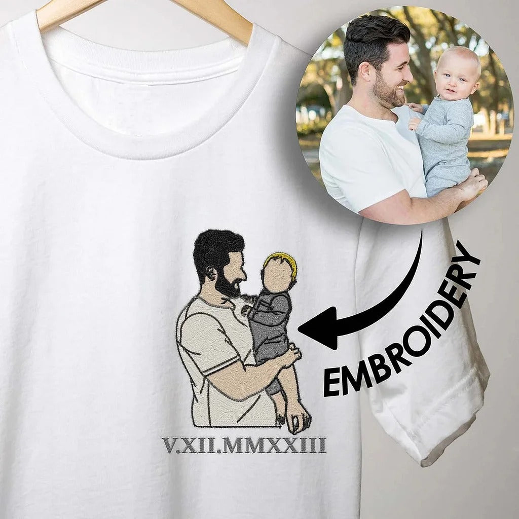 T-shirt brodé personnalisé avec portrait de maman/papa/famille et chiffres romains