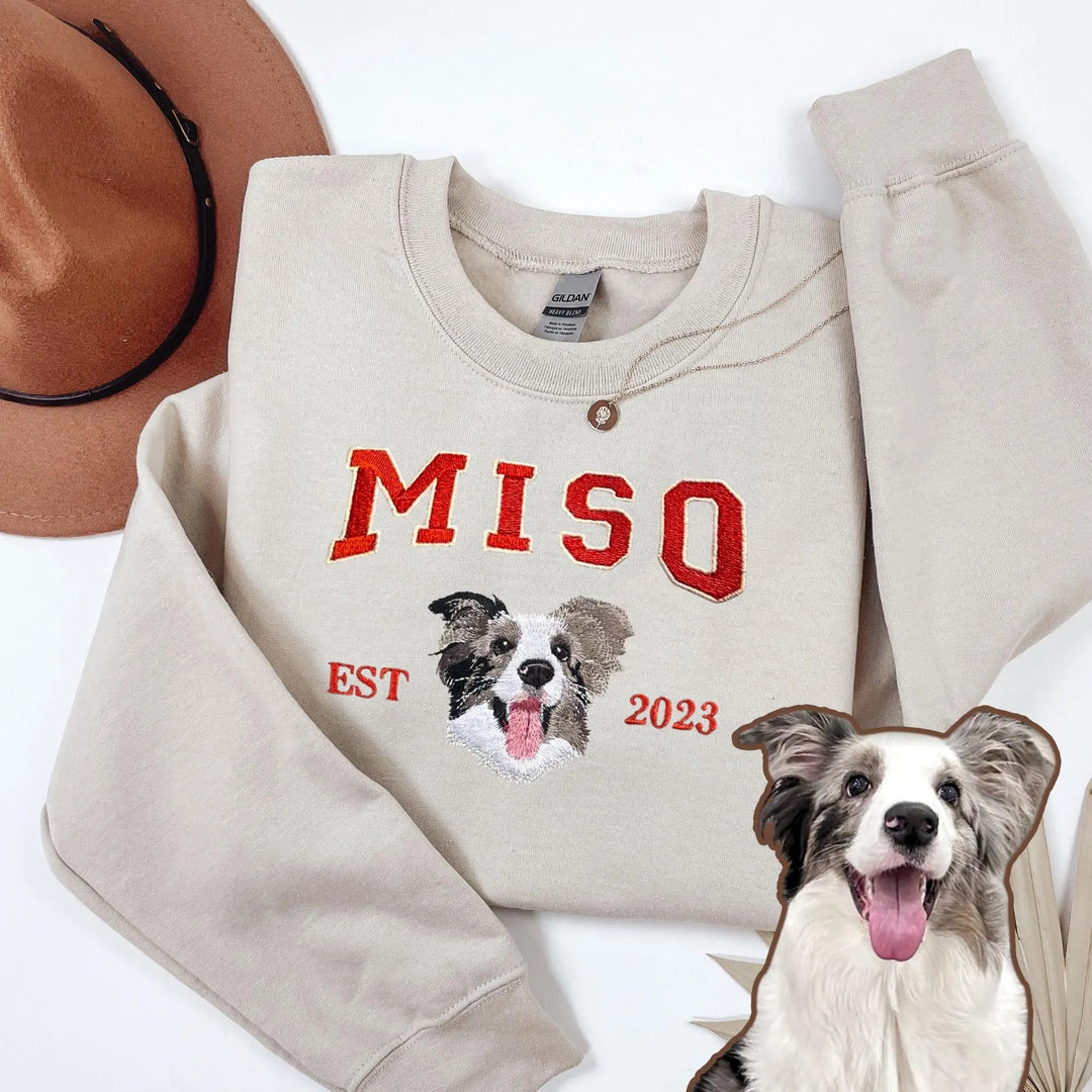 Sweat-shirt brodé avec visage de chat/chien, personnalisé avec nom basé sur votre photo