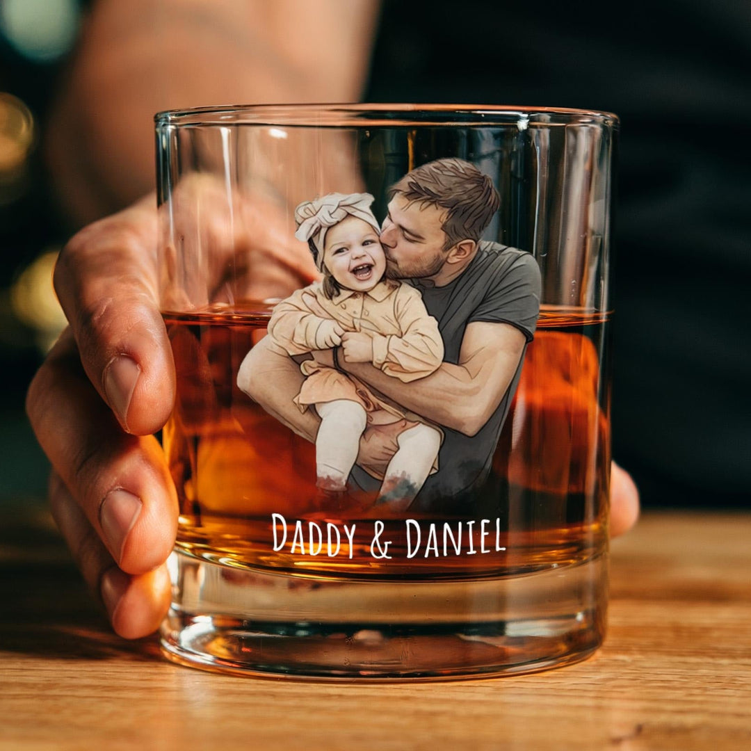 Portrait aquarelle personnalisé à partir d'une photo de papa et d'un verre à whisky