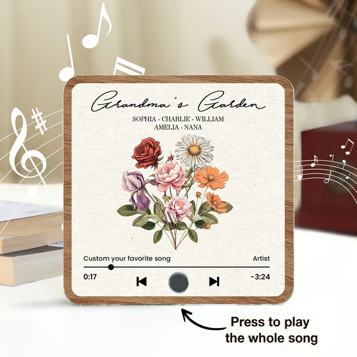 Bouquet de fleurs de naissance rétro du jardin de grand-mère, aimant de réfrigérateur musical personnalisé, cadeau pour grand-mère, maman