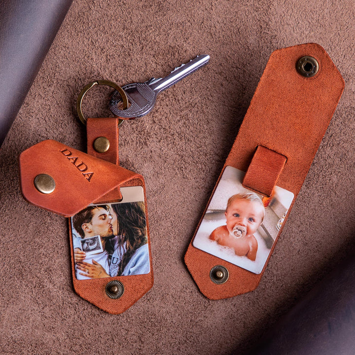 Porte-clés photo en cuir, porte-clés papa avec photo