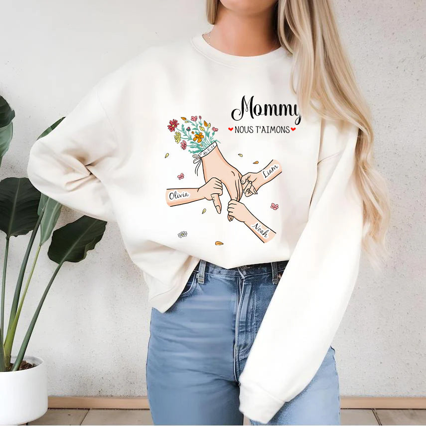Sweat-shirt personnalisé main dans la main avec prénoms d'enfants – Le cadeau parfait pour maman
