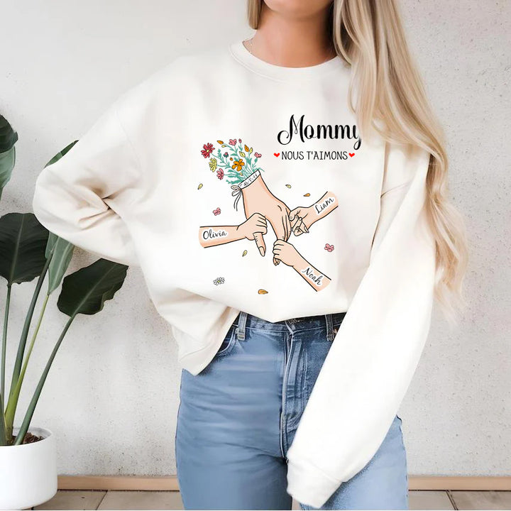 Sweat-shirt personnalisé main dans la main avec prénoms d'enfants – Le cadeau parfait pour maman