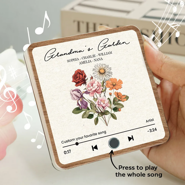 Bouquet de fleurs de naissance rétro du jardin de grand-mère, aimant de réfrigérateur musical personnalisé, cadeau pour grand-mère, maman