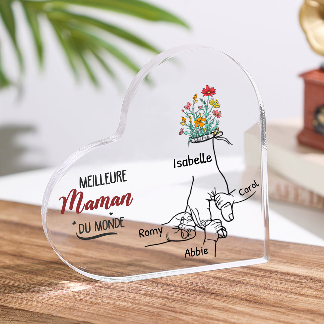 À ma Maman - Plaque Acrylique en Forme de Cœur 2-8Prénoms Personnalisés Décoration la main dans la main