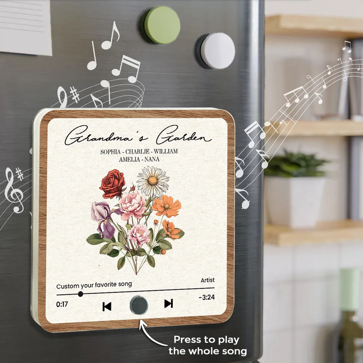 Bouquet de fleurs de naissance rétro du jardin de grand-mère, aimant de réfrigérateur musical personnalisé, cadeau pour grand-mère, maman
