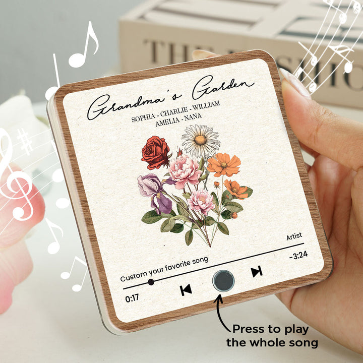 Bouquet de fleurs de naissance rétro du jardin de grand-mère, aimant de réfrigérateur musical personnalisé, cadeau pour grand-mère, maman