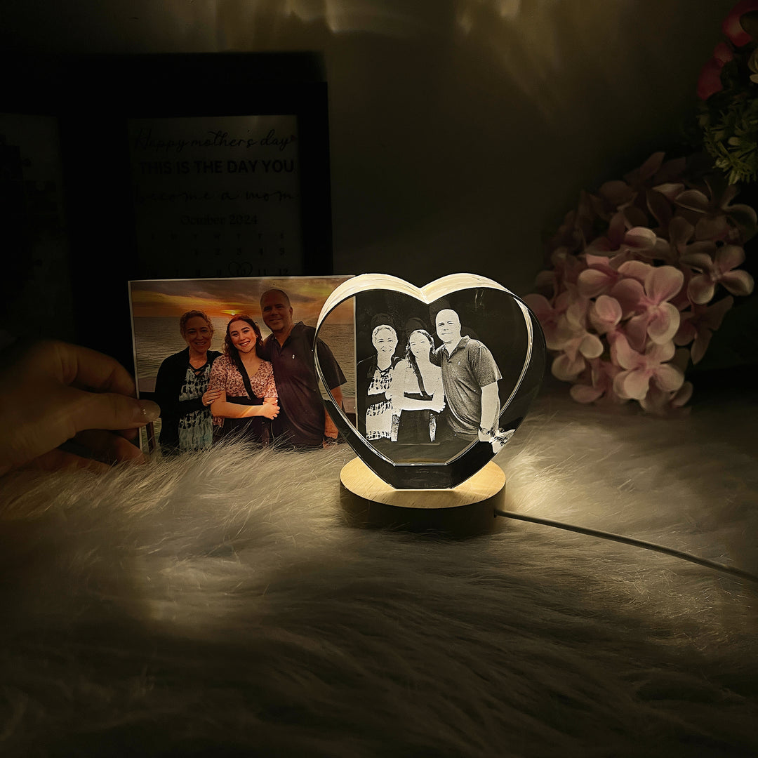 Cadeau photo personnalisé en cristal en forme de cœur 3D