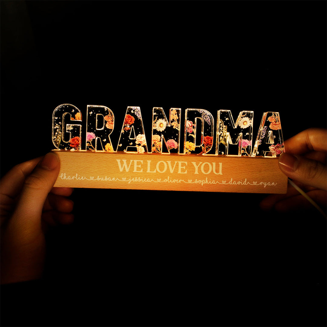 Veilleuse LED personnalisée avec impression florale - cadeau pour maman et grand-mère