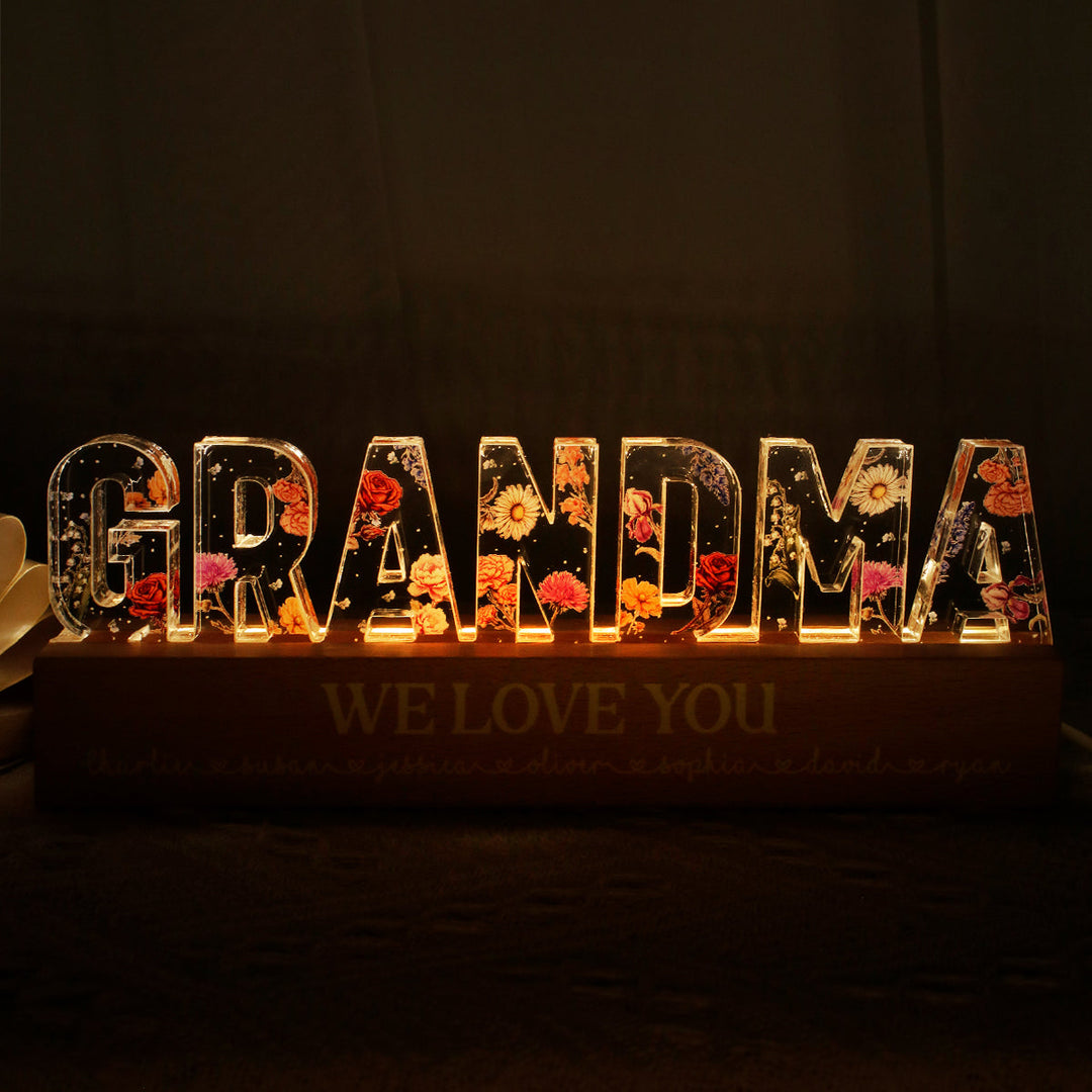 Veilleuse LED personnalisée avec impression florale - cadeau pour maman et grand-mère