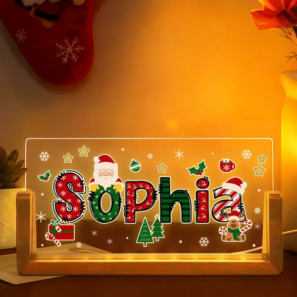 Veilleuse LED personnalisée avec nom et thème de Noël, en acrylique, avec base en bois, décoration d'intérieur, cadeau de Noël