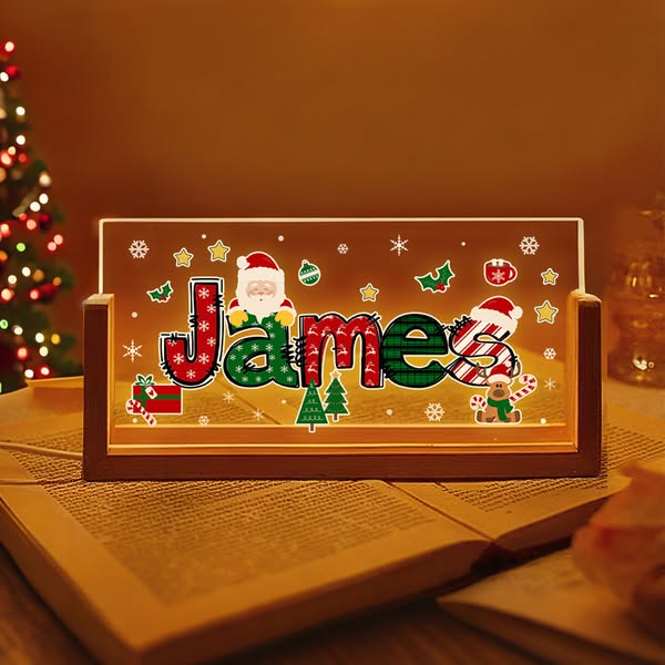 Veilleuse LED personnalisée avec nom et thème de Noël, en acrylique, avec base en bois, décoration d'intérieur, cadeau de Noël