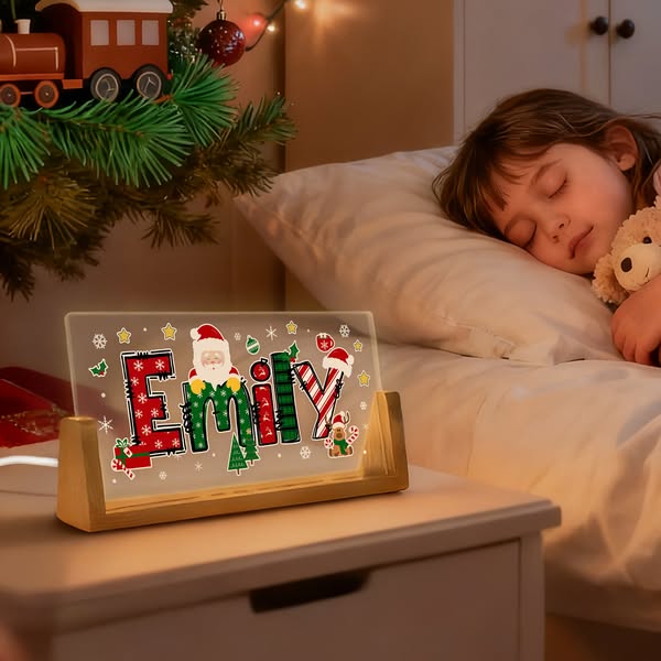 Veilleuse LED personnalisée avec nom et thème de Noël, en acrylique, avec base en bois, décoration d'intérieur, cadeau de Noël