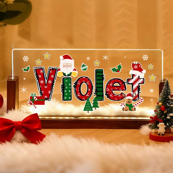 Veilleuse LED personnalisée avec nom et thème de Noël, en acrylique, avec base en bois, décoration d'intérieur, cadeau de Noël