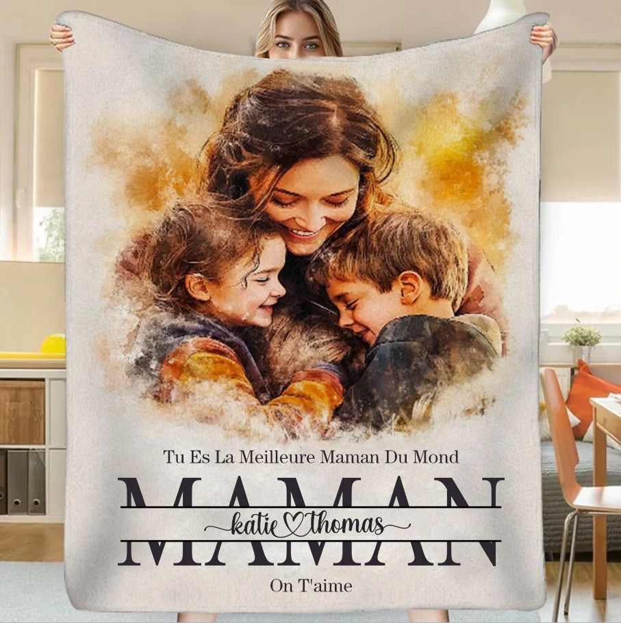 Couverture familiale en polaire Sherpa avec photo personnalisée pour maman et enfants