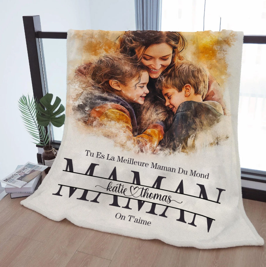 Couverture familiale en polaire Sherpa avec photo personnalisée pour maman et enfants