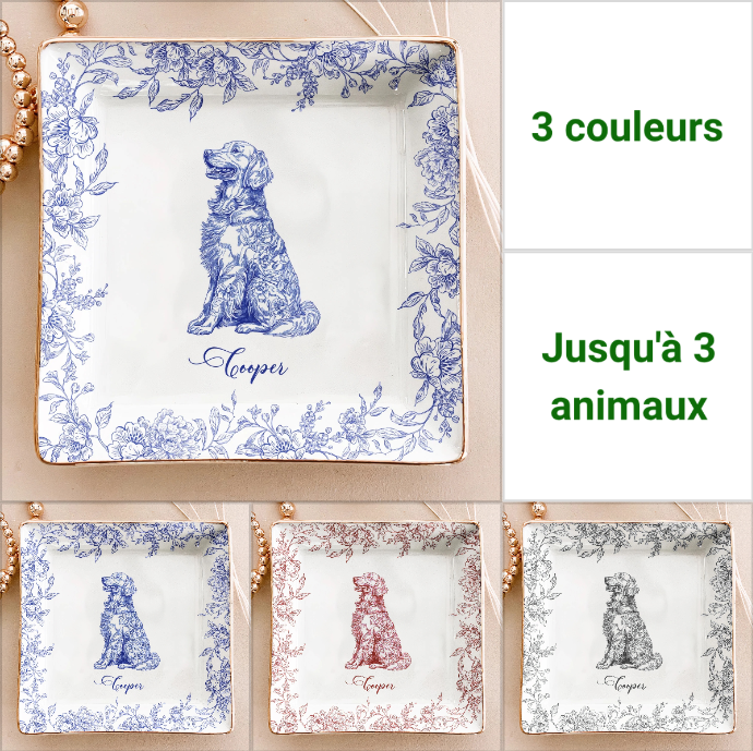 Cadeau pour amoureux des chiens, style chinoiserie toile de Jouy - Coupelle à bijoux personnalisée