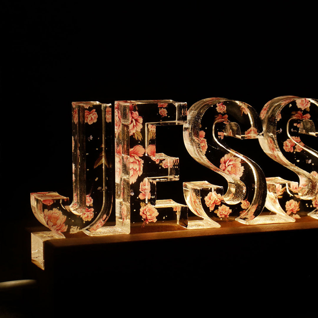 Veilleuse LED personnalisée avec impression florale, nom personnalisé - Cadeau pour elle