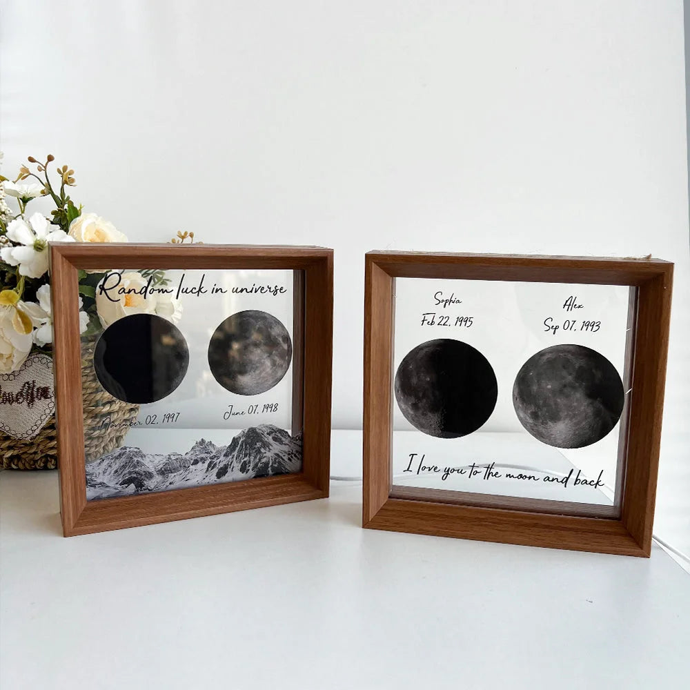 Cadre lunaire personnalisé: Célébrez la rencontre et la naissance avec un cadeau unique en bois.