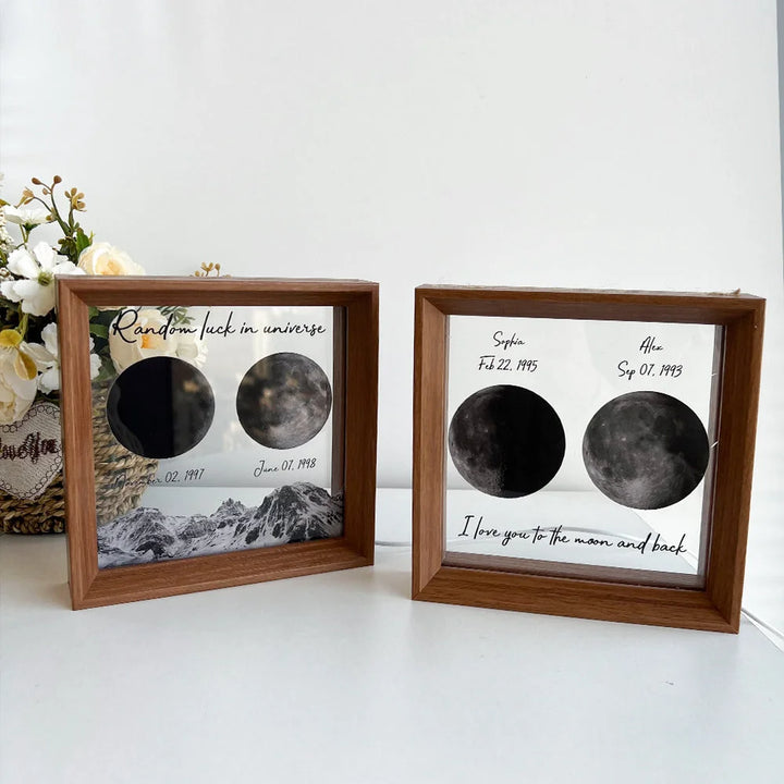 Cadre lunaire personnalisé: Célébrez la rencontre et la naissance avec un cadeau unique en bois.