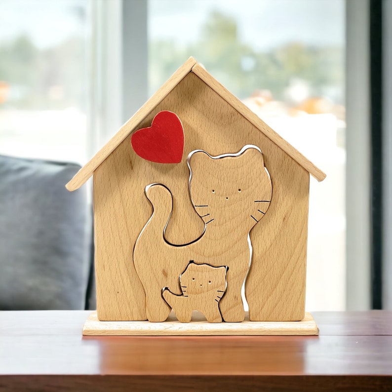 2 Prénoms🐱Puzzle familial de chats en bois pour parent seul