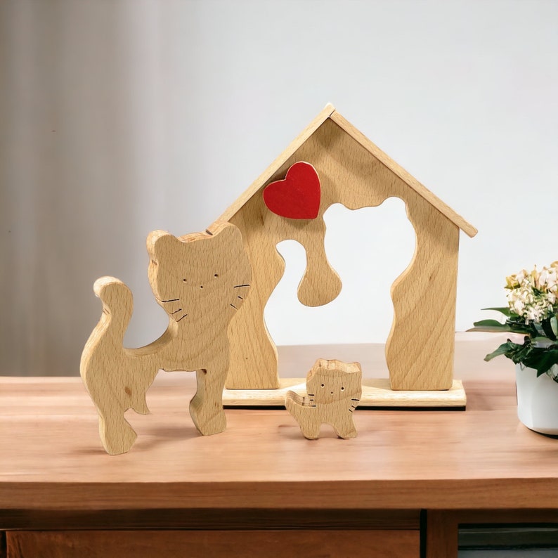 2 Prénoms🐱Puzzle familial de chats en bois pour parent seul