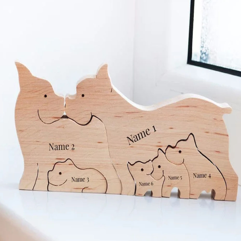Puzzle en bois personnalisé pour famille de chiens avec 6 noms