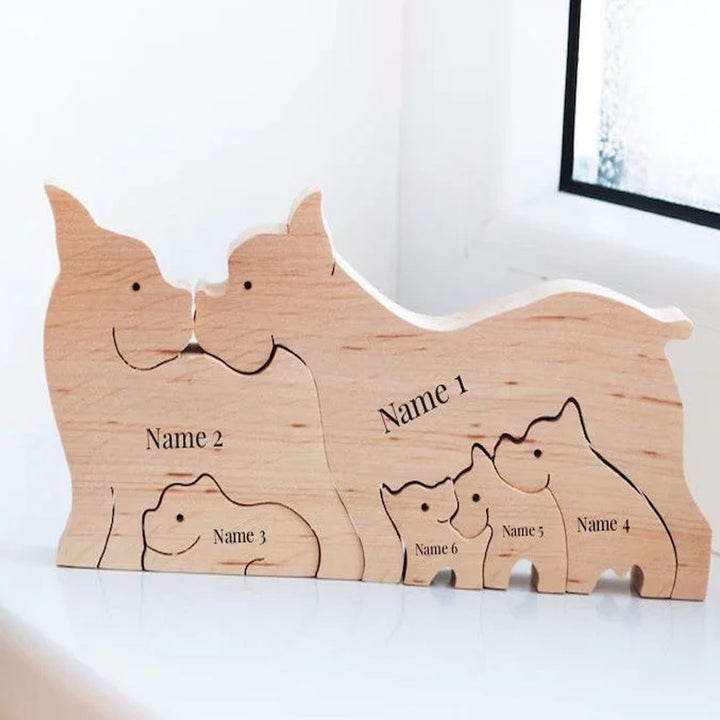 Puzzle en bois personnalisé pour famille de chiens avec 6 noms