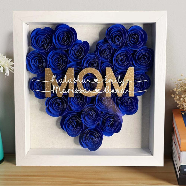 Cadre d'Ombre pour Maman avec Fleurs en Forme de Cœur et Noms des Enfants