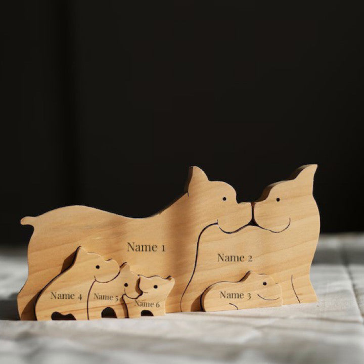 Puzzle en bois personnalisé pour famille de chiens avec 6 noms