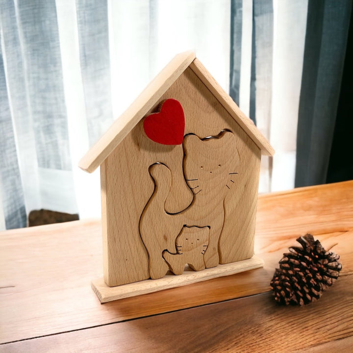 2 Prénoms🐱Puzzle familial de chats en bois pour parent seul