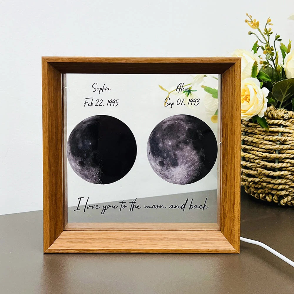 Cadre lunaire personnalisé: Célébrez la rencontre et la naissance avec un cadeau unique en bois.