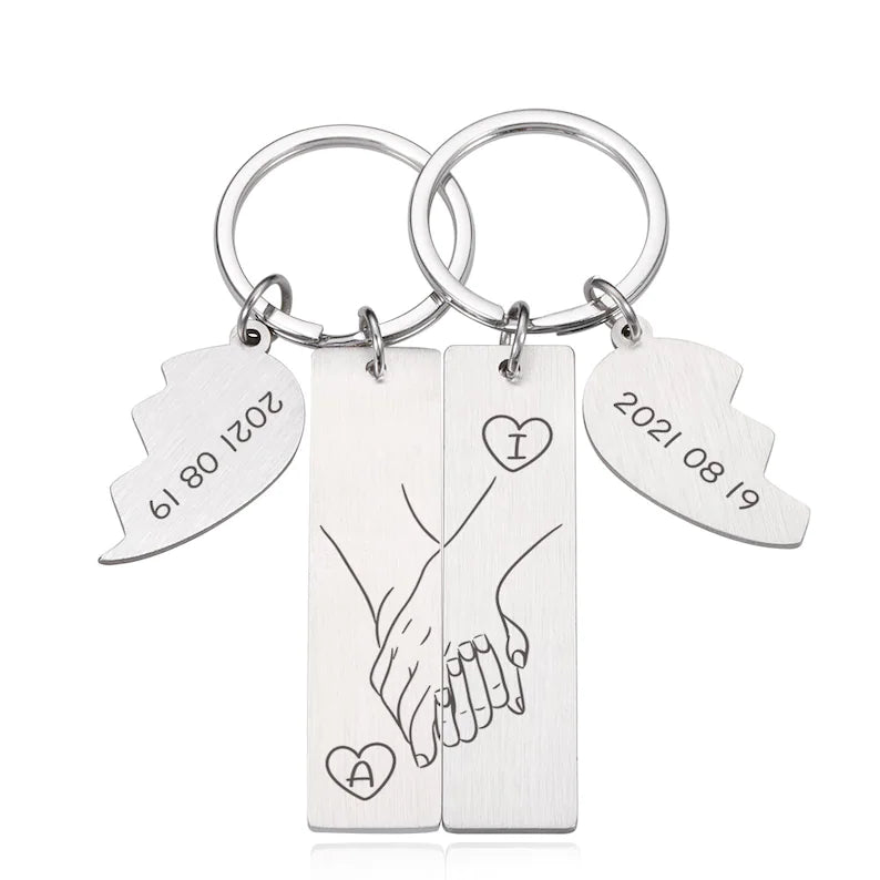 Porte-Clés la main dans la main 4 Styles 2 lettre Personnalisé avec date