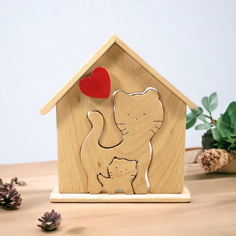 2 Prénoms🐱Puzzle familial de chats en bois pour parent seul