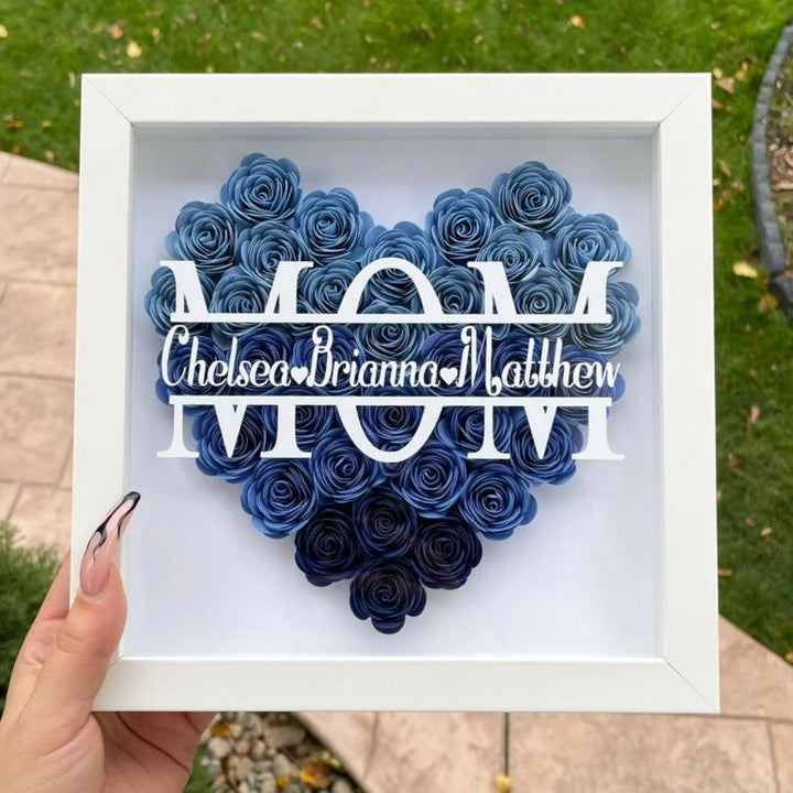 Cadeau de Boîte d'Ombre en Forme de Cœur avec Monogramme de Fleurs pour Maman