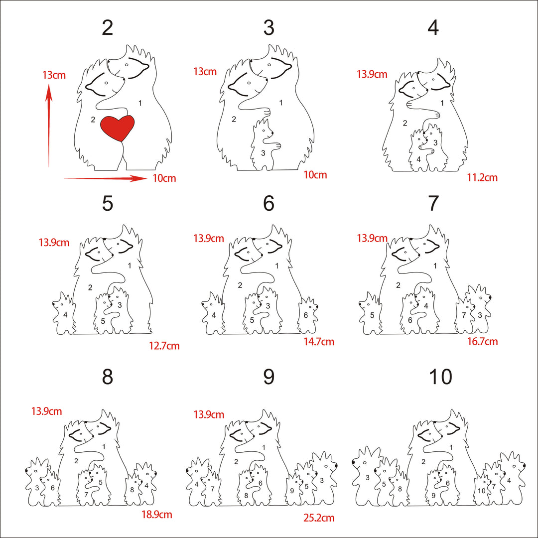 Puzzle familial Hérisson en Bois avec 2-10 Prénoms Personnalisé