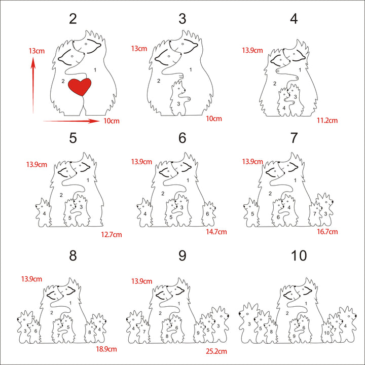 Puzzle familial Hérisson en Bois avec 2-10 Prénoms Personnalisé