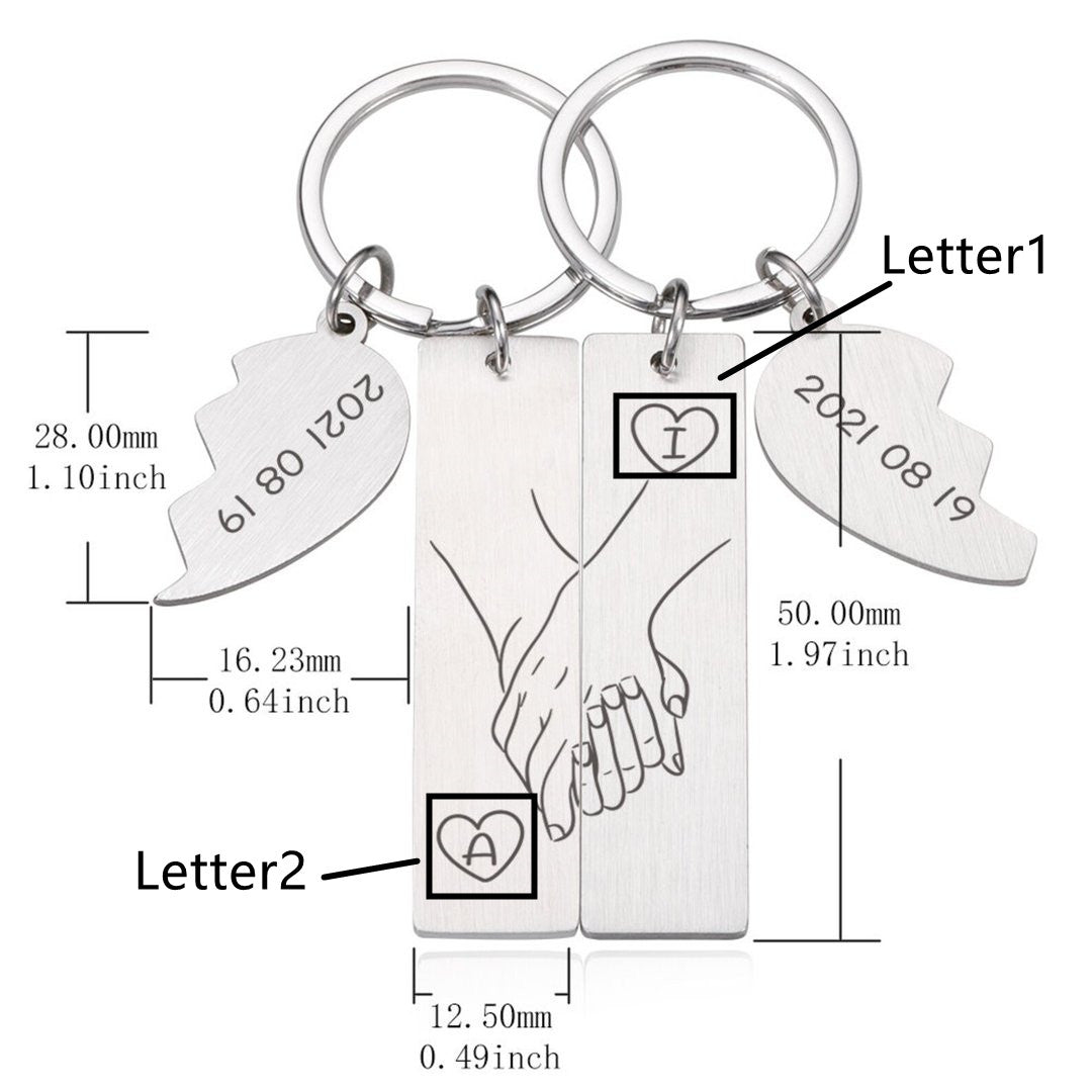 Porte-Clés la main dans la main 4 Styles 2 lettre Personnalisé avec date