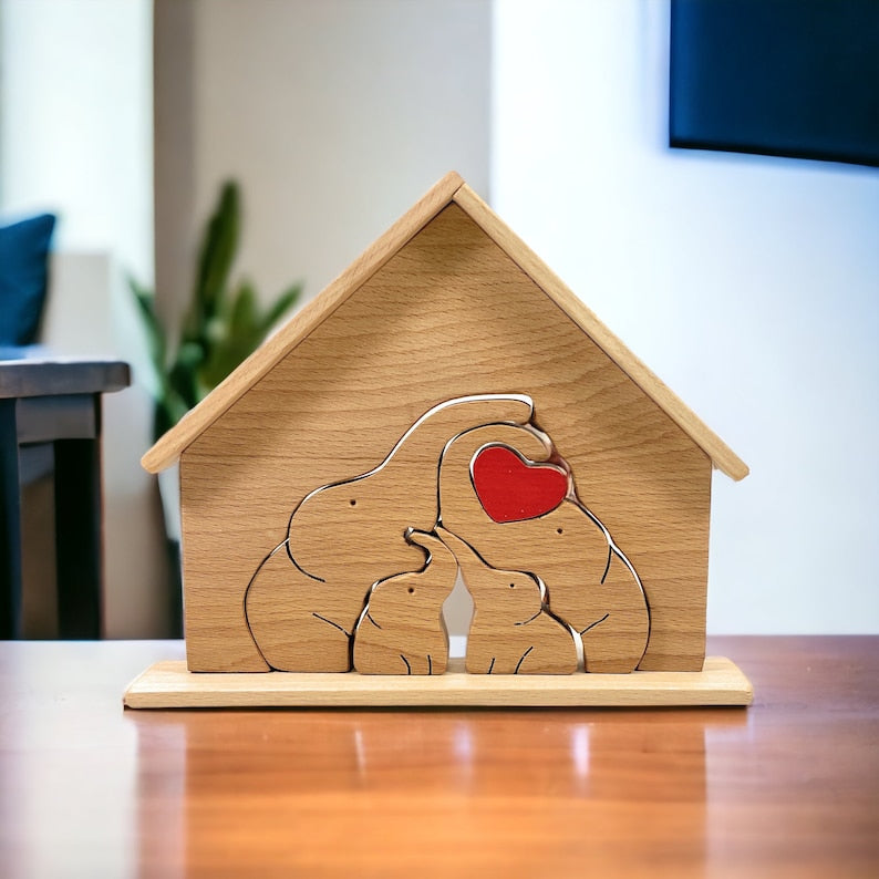 Puzzle familial d'éléphants en bois avec 4 Prénoms Personnalisé