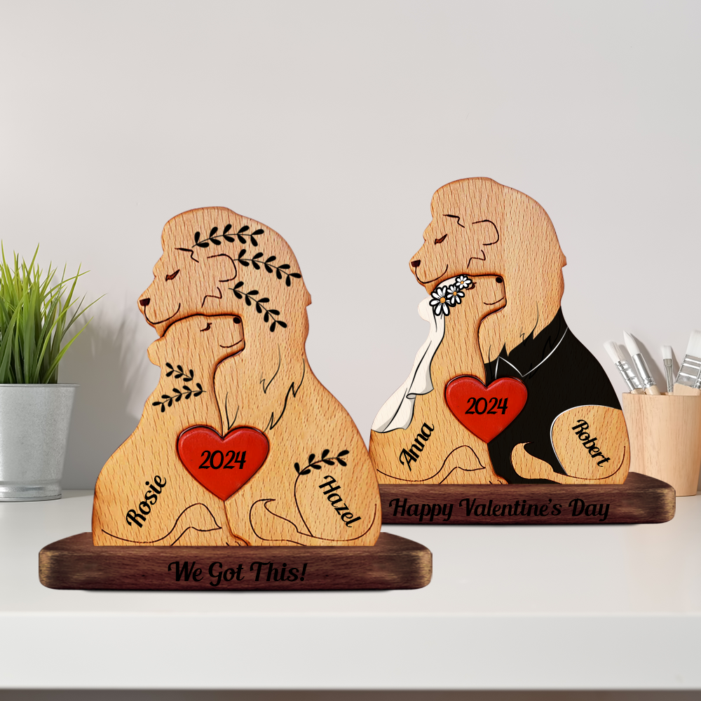 Famille de lion de couple - Sculpture en bois